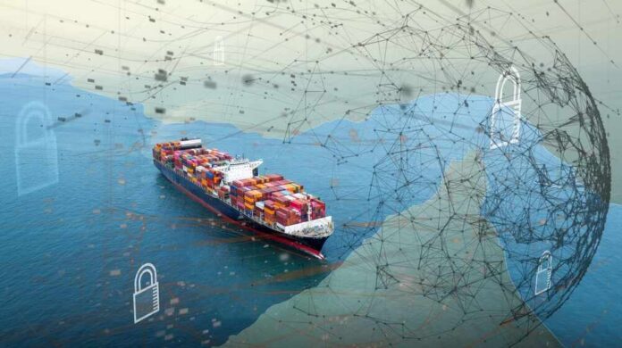 shutterstock_2746705501.jpg A cargo ship navigating through water with digital security elements overlayed