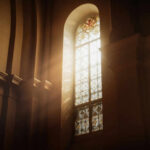 Sunlight streaming through a stained glass window in a church