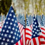 Field of American flags waving in the breeze