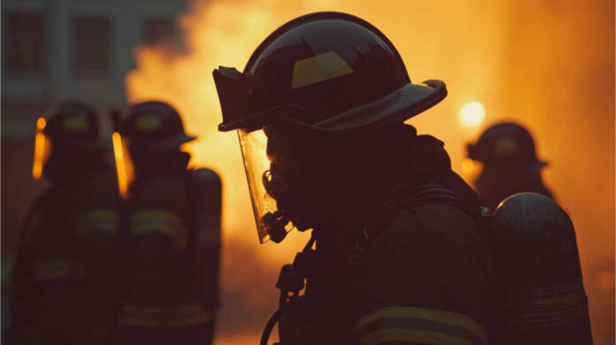 shutterstock_2500884229.jpg Silhouette of firefighters in safety gear against a fiery background