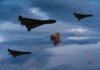 Israel-Iran Clash Enters Ominous New Phase Three military drones fly through a cloudy sky amid anti-air fire