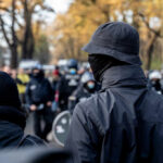 A crowd of masked individuals facing law enforcement in an autumn setting