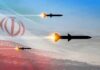 Missiles launching against a backdrop of the Iranian flag