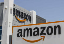 Amazon corporate building with prominent logo signage