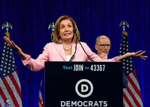 San,Francisco,,Ca,-,August,23,,2019:,Speaker,Of,The A female politician speaking at a podium with Democratic Party branding