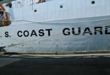 Side view of a U.S. Coast Guard ship with large lettering